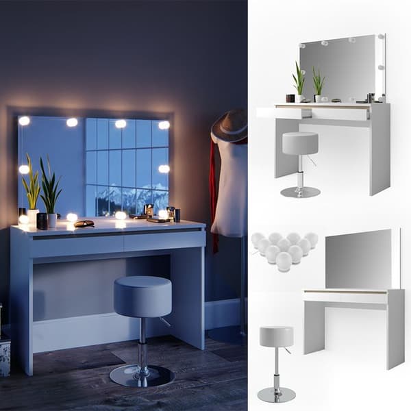 Emma sminkbord, 120 cm med LED-belysning och pall, Vit, Vicco