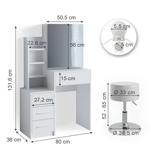 Vicco Conrada sminkbord, sminkbord, sminkbyrå, LED-belysning + pall