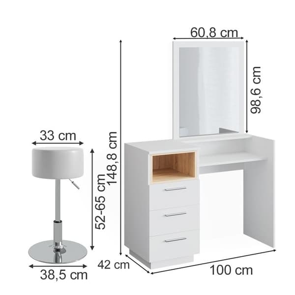 Beatrice sminkbord, 100 cm med pall, Vit, Vicco