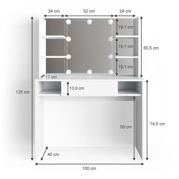 Daenerys sminkbord, 99 cm med LED-belysning, Vit, Vicco