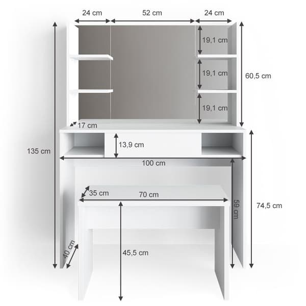 Daenerys sminkbord, 99 cm med bänk, Vit, Vicco