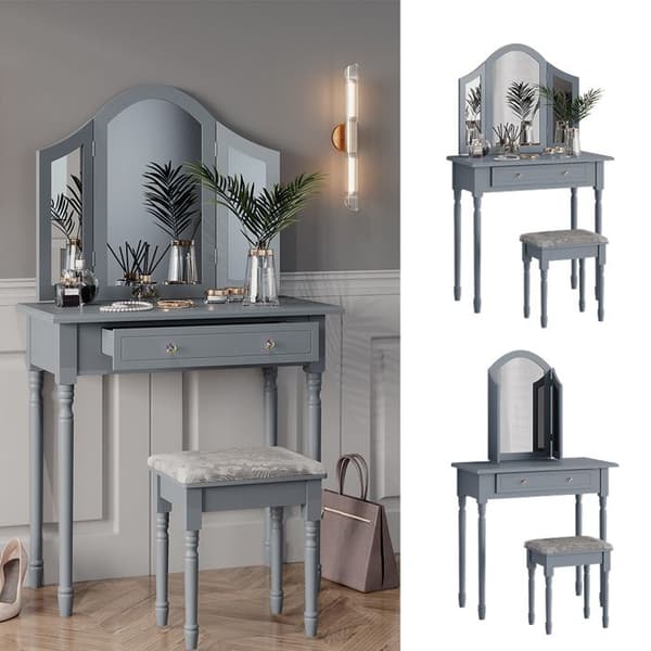 Kate sminkbord, 80 cm med pall, Grå, Vicco