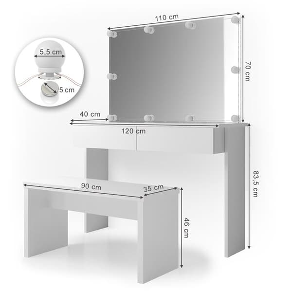 Azur sminkbord, 120 cm med LED-belysning och bänk, Vit, Vicco