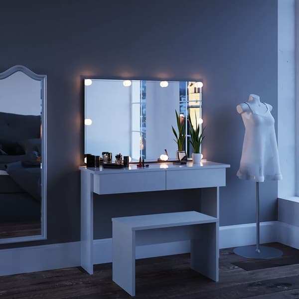 Azur sminkbord, 120 cm med LED-belysning och bänk, Vit, Vicco