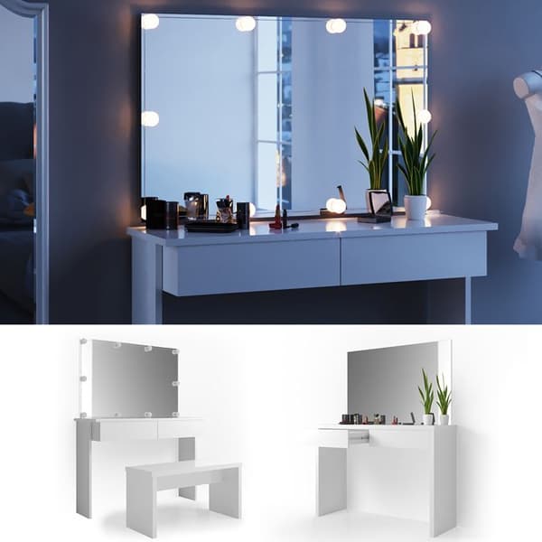 Azur sminkbord, 120 cm med LED-belysning och bänk, Vit, Vicco