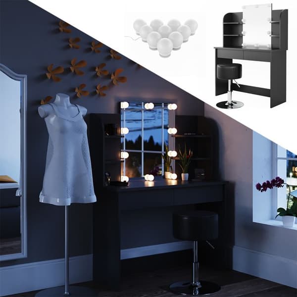 VICCO sminkbord Charlotte Svart med pall och LED