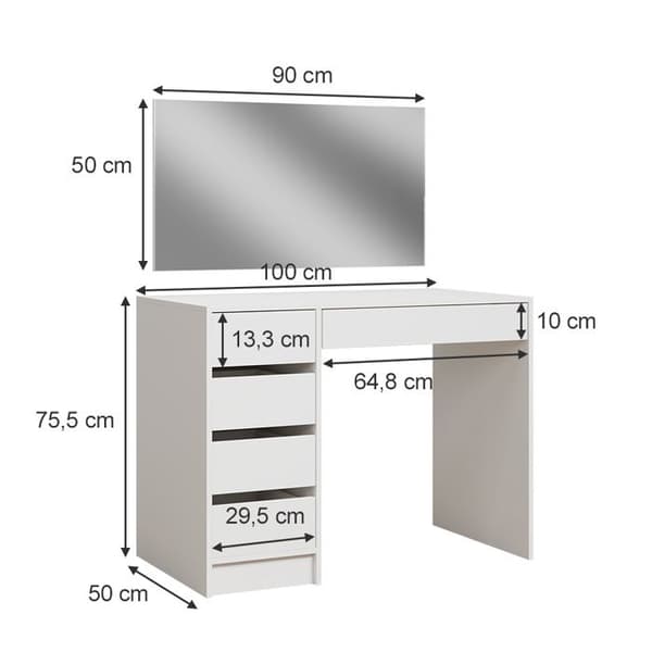 Vicco Thalia sminkbord, Vit Högblank, 100 cm med 5 lådor