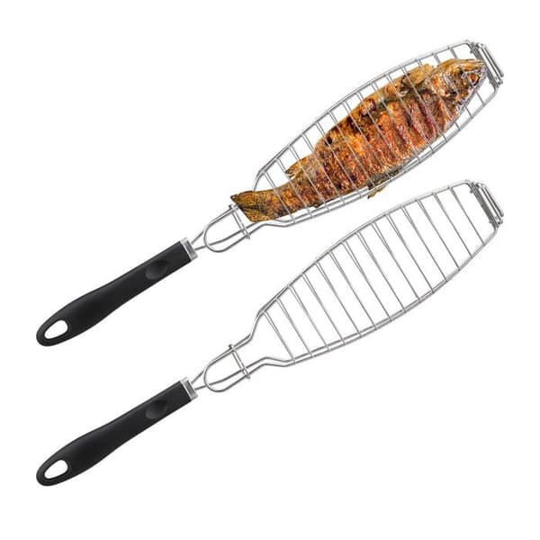 Relaxdays Spettfork i paket om 2, rostfritt stål, handtag i gummi, 58,5 cm lång, för grillning, silverfärgad
