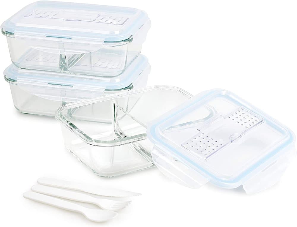 Homiu Glass Matförvaringsbehållare 2 fack med lock Inkluderar knivgaffel och sked Slagtålig Lufttät läckagesäker 3-pack