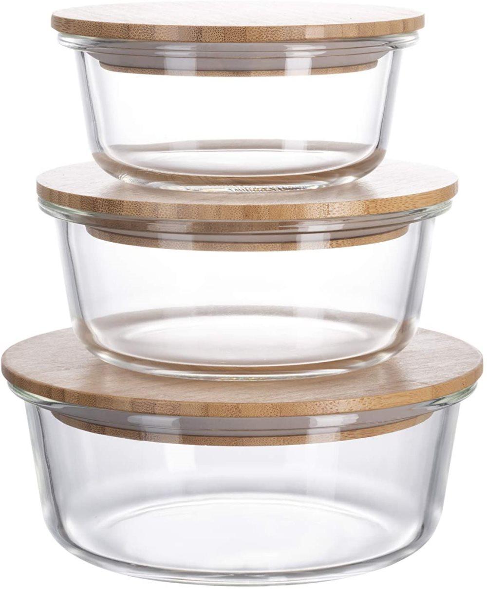 Homiu matförvaringsbehållare i glas med bambulock Slagsäker Lufttät läckagesäker ugn och fryssäker 3-pack fyrkantig eller rund design (rund)