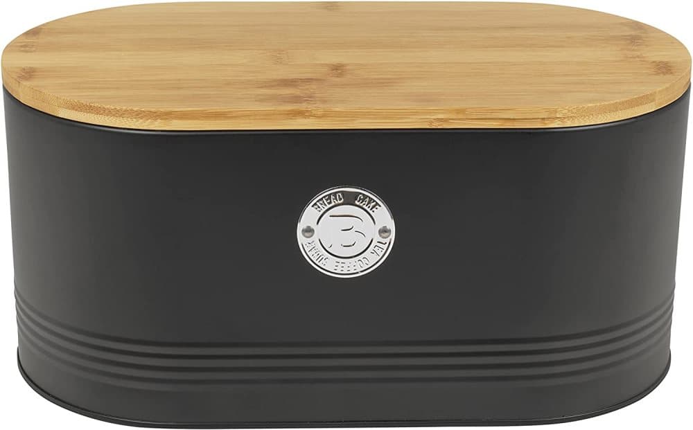 Brödlåda med bambulock Svart, 34 x 18 x 16 cm brödlåda, gjord av korrosionsbeständigt kolstål, trälock på brödlådan fungerar som skärbräda, nödvändiga