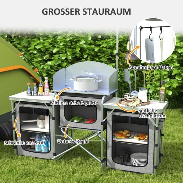 Rootz campingkøkken - udendørs madlavningsstation - bærbart lejrkøkken - rigelig opbevaring - justerbar lampestand - 172L x 48W x 119H cm