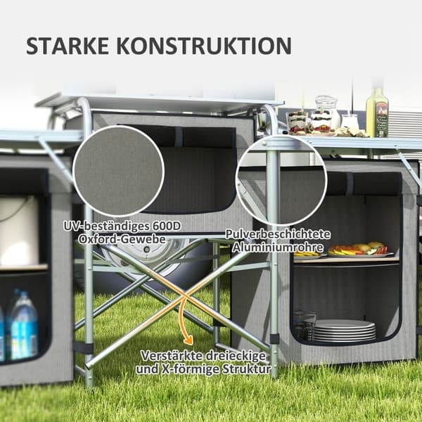 Rootz campingkøkken - udendørs madlavningsstation - bærbart lejrkøkken - rigelig opbevaring - justerbar lampestand - 172L x 48W x 119H cm