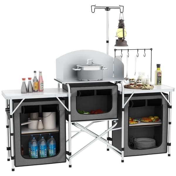Rootz campingkøkken - udendørs madlavningsstation - bærbart lejrkøkken - rigelig opbevaring - justerbar lampestand - 172L x 48W x 119H cm
