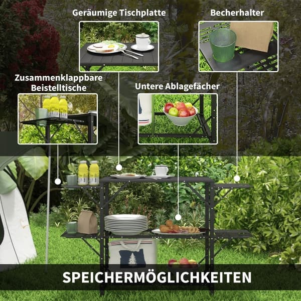 Rootz Campingbord - Picnicbord - Udendørs køkkenskab - Øget opbevaring - Kompakt og bærbar - Holdbar konstruktion - 126cm x 44cm x 80cm - Sort