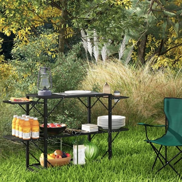 Rootz Campingbord - Picnicbord - Udendørs køkkenskab - Øget opbevaring - Kompakt og bærbar - Holdbar konstruktion - 126cm x 44cm x 80cm - Sort