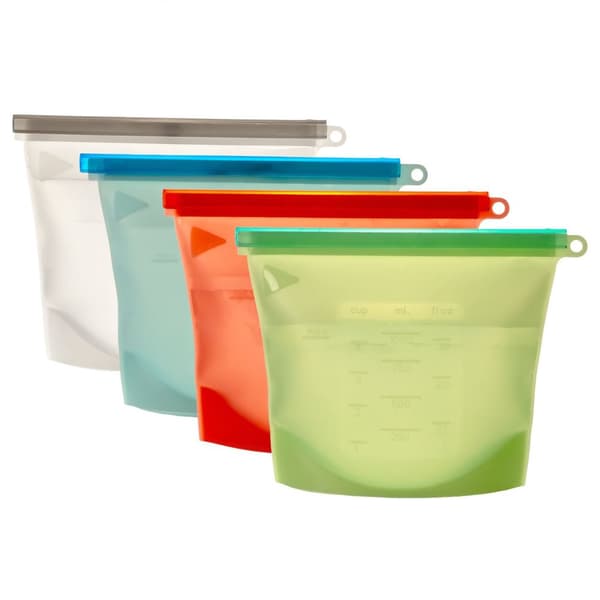 Set med 4 återanvändbara matpåsar i silikon med en kapacitet på 1 liter i flera färger - Håller maten fräsch längre Blau - Grün - Rot - Transparent