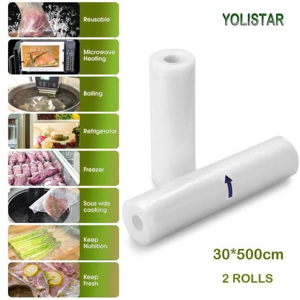 Vakuumpåsar Paket med 2 rullar 30x500cm, Matvakuumpåse för vakuumapparat, matsparare och sous vide