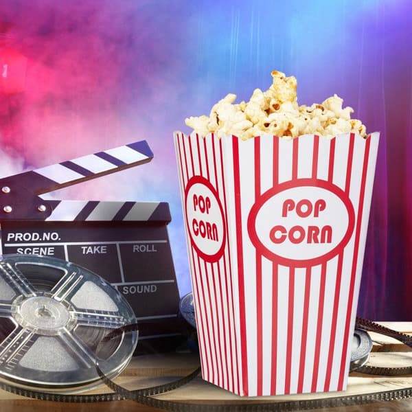Relaxdays popcornlådor, behållare, påsar set med 48, retro, biofilmkväll, födelsedag, kartong, röd/vit