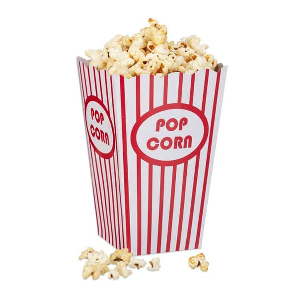 Relaxdays popcornlådor, behållare, påsar set med 48, retro, biofilmkväll, födelsedag, kartong, röd/vit