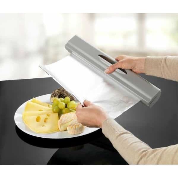 WENKO matfilmsdispenser, aluminiumfoliedispenser, Perfect Cutter, Rostfritt stålblad, Plast, 38x5,2x6,7 cm, grå