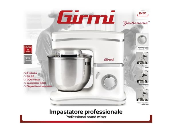 Girmi IM30 Gastronomo, Seisova tehosekoitin, Ruostumaton teräs, Valkoinen, Vaivaus, Vaivaus, Sekoitus, Sekoittaminen, 5,2 L, Rotaatio, Hopea