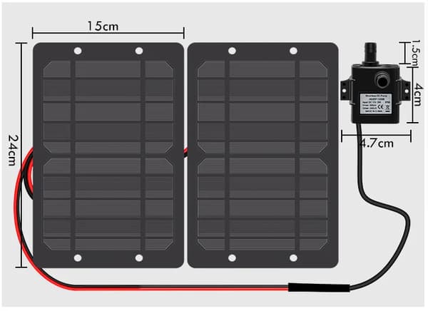 Solcellsdriven vattenpump, borstlös motor, 12V drift, Två Solpaneler med Pump