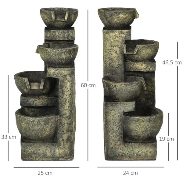 Rootz Fountain - 3 inställningar - Väderbeständig - Trädgårdsdekoration - Grå - 25cm x 24cm x 60cm