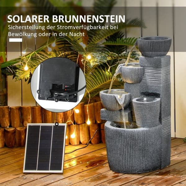 Rootz trädgårdsfontän - Utomhusvattenfunktion - Soldriven fontän - 4 nivåer - LED-lampor - 57 cm höjd - mörkgrå - harts