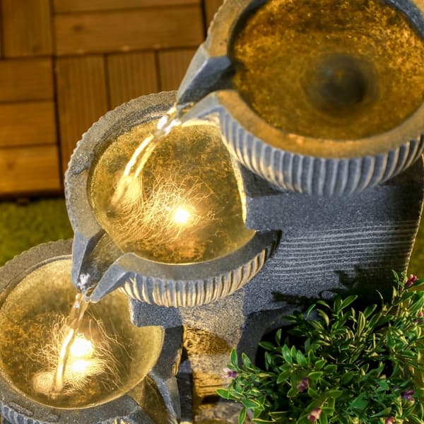Rootz trädgårdsfontän - Utomhusvattenfunktion - Soldriven fontän - 4 nivåer - LED-lampor - 57 cm höjd - mörkgrå - harts