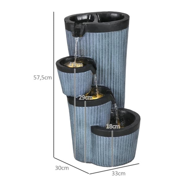 Rootz Garden Fountain - Träfatlook - 4-nivå kaskad - Soldriven - LED-lampor - 33cm x 30cm x 57,5cm - Harts - Grå/svart