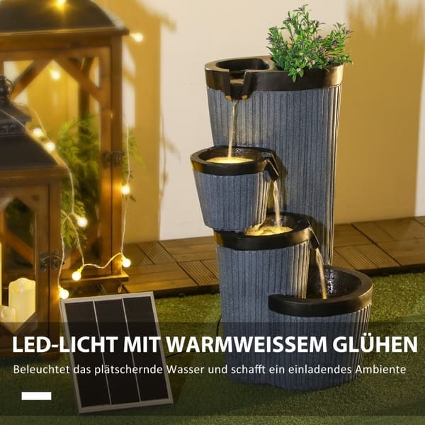 Rootz Garden Fountain - Träfatlook - 4-nivå kaskad - Soldriven - LED-lampor - 33cm x 30cm x 57,5cm - Harts - Grå/svart
