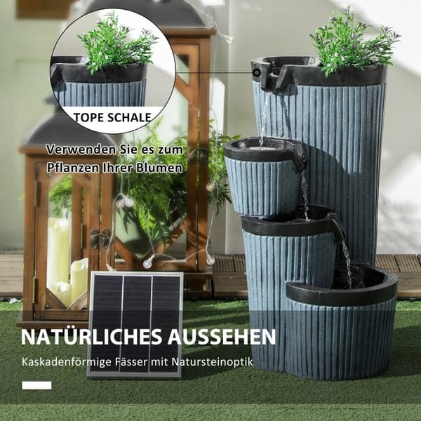 Rootz Garden Fountain - Träfatlook - 4-nivå kaskad - Soldriven - LED-lampor - 33cm x 30cm x 57,5cm - Harts - Grå/svart