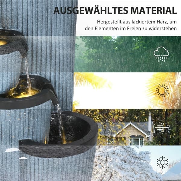 Rootz Garden Fountain - Träfatlook - 4-nivå kaskad - Soldriven - LED-lampor - 33cm x 30cm x 57,5cm - Harts - Grå/svart