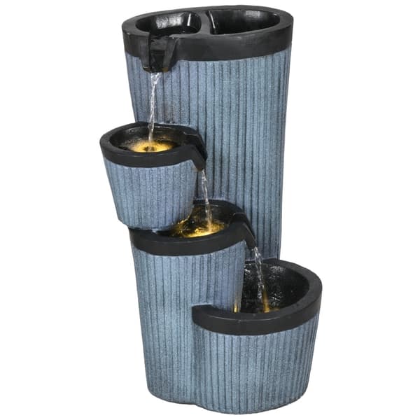 Rootz Garden Fountain - Träfatlook - 4-nivå kaskad - Soldriven - LED-lampor - 33cm x 30cm x 57,5cm - Harts - Grå/svart