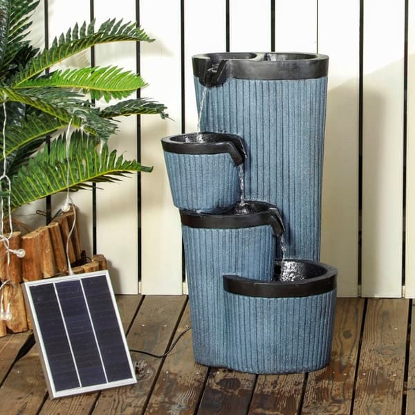 Rootz Garden Fountain - Träfatlook - 4-nivå kaskad - Soldriven - LED-lampor - 33cm x 30cm x 57,5cm - Harts - Grå/svart