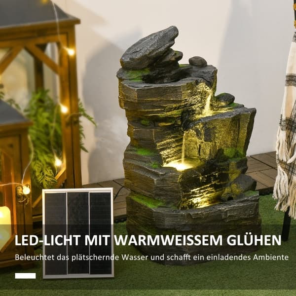 Rootz Havefontæne - Stenlook - Vandfunktion - Solcelledrevet - LED-lys - 34 cm x 28 cm x 57 cm - Harpiks - Grå/Brun