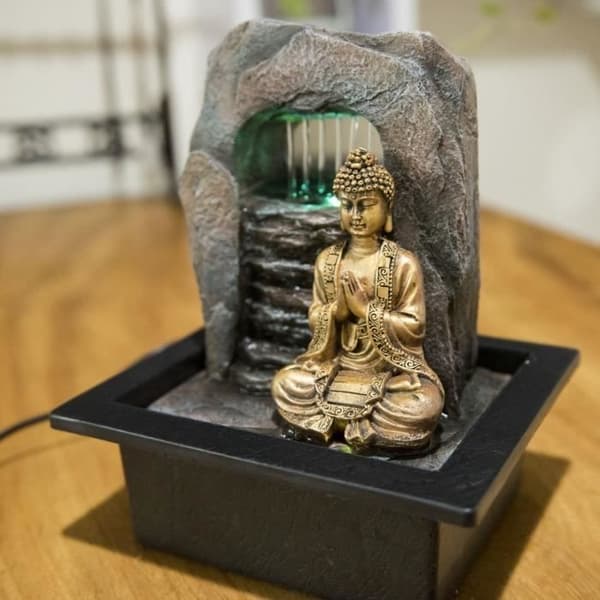 Zen Dao inomhusfontän - Grå - Avtagbar Buddhastatyett - Tyst pump - 21 x 17 x 25 cm