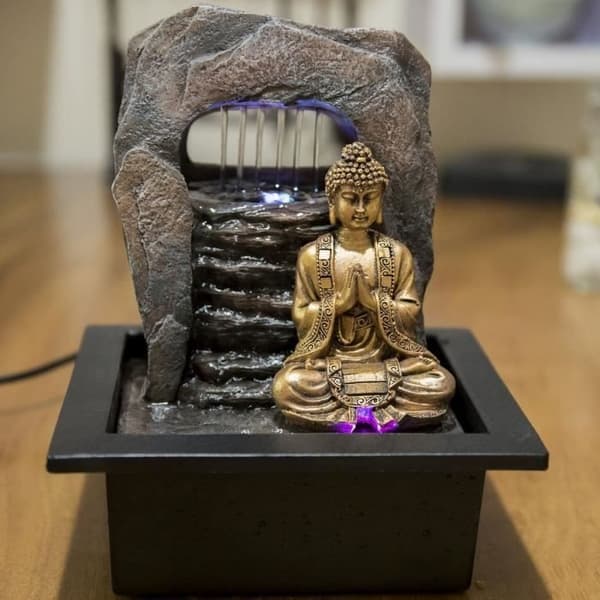 Zen Dao inomhusfontän - Grå - Avtagbar Buddhastatyett - Tyst pump - 21 x 17 x 25 cm