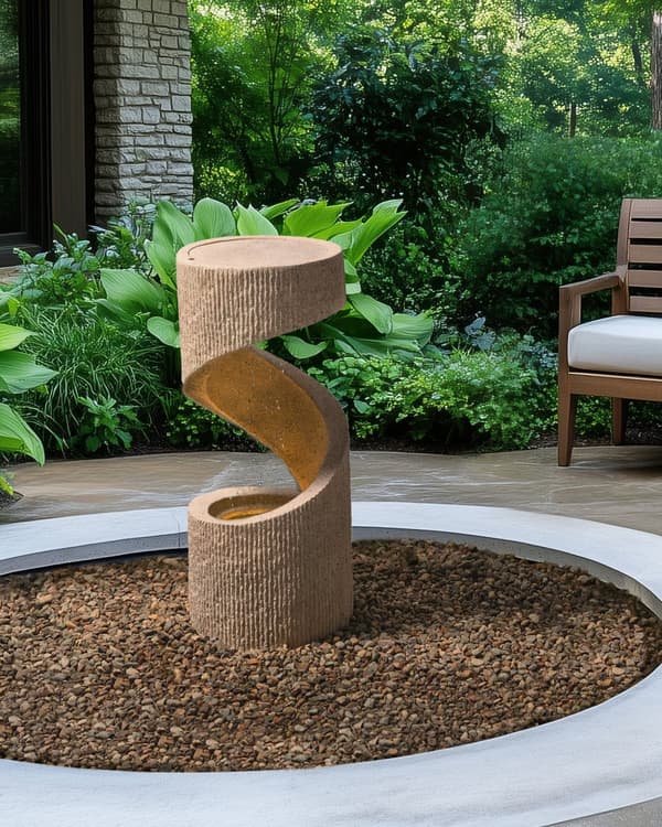 Havefontæne i beige resin, udendørs fontæne med LED-lys, moderne design