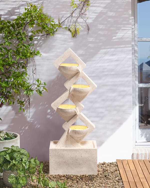 Havefontæne i beige resin, udendørs fontæne med LED-lys moderne design