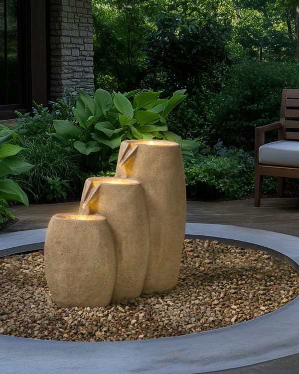 Utendørs Vannfunksjon Beige Harpiks Fontene Hage Lys LED Plugged Moderne Design