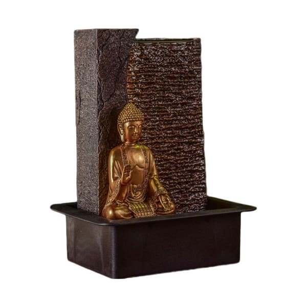 Fontän - Jati - Buddha - Resin - 40 cm - Tyst pump - Varm vitt LED-belysning