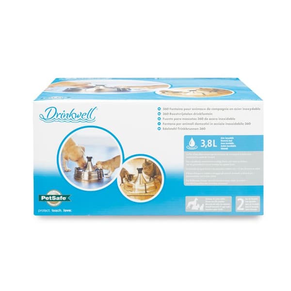 PetSafe - Drinkwell 360° rostfritt stål husdjursvattenfontän. 3,8 L kapacitet, 5 anpassningsbara kaskadvattenstrålar
