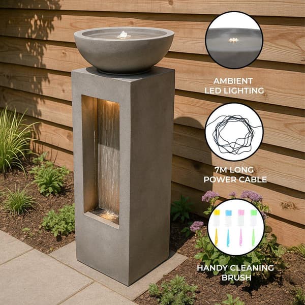 Elektrisk TRÄDGÅRDSFONTÄN för utomhusbruk | Varmvita LED-lampor | Tyst pump | 7 m elkabel | Rengöringsborste INGÅR | Dekoration för hem, uteplats, trä