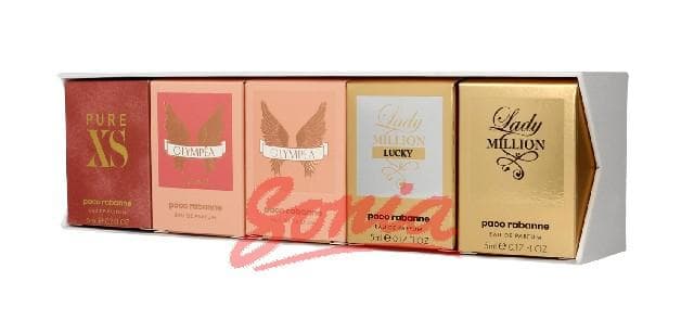 SET PACO RABANNE Lady Million EDP 5ml + Lady Million Lucky EDp 5ml + Olympea EDP 6ml + Olympea Legend EDP 6ml + Pure XS For Her 6ml