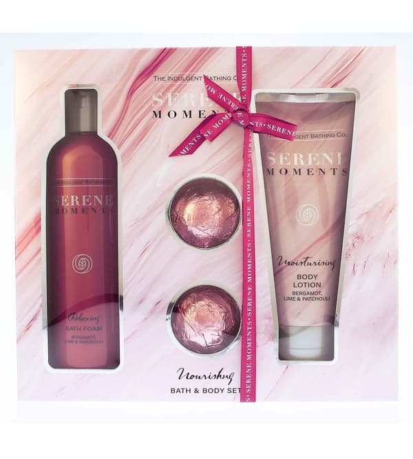 The Indulgent Bathing Co. Serene Moments Nourishing Bath & Body Set gift set bath foam 300 ml + body milk 200 ml + bath bomb 2 x 30 g