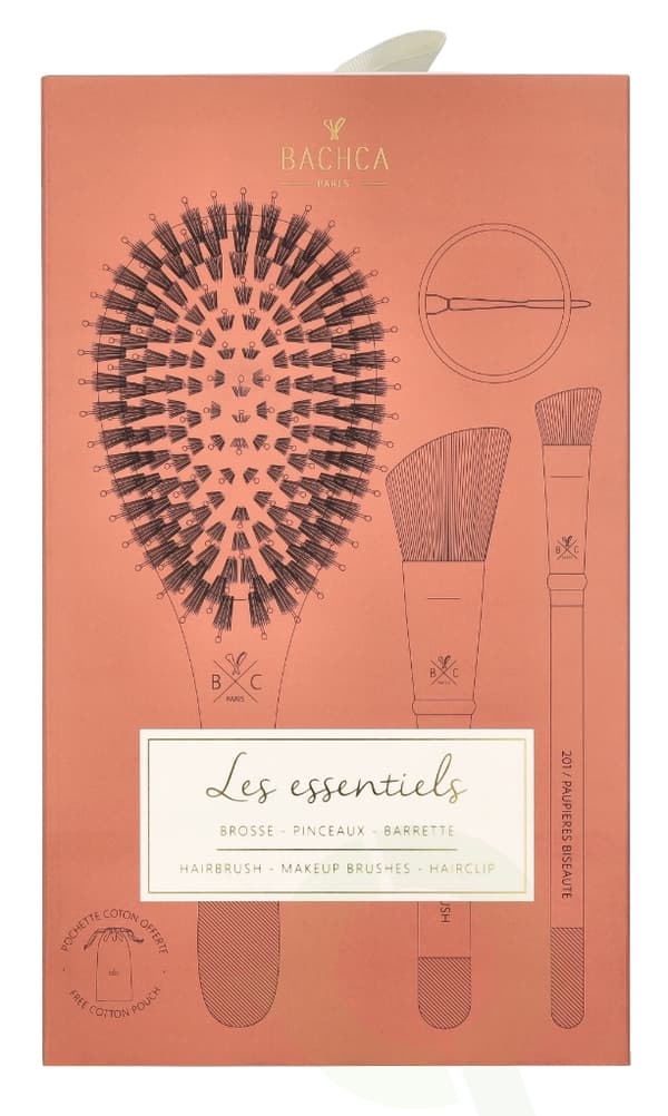 Bachca Paris The Essentials Hair Terracotta Set 5 piece 1x Large Boar & Nylon Hair Brush/1x Blush Brush/1x Contour Shader Brush/ 1x Round Clip/1x Cott