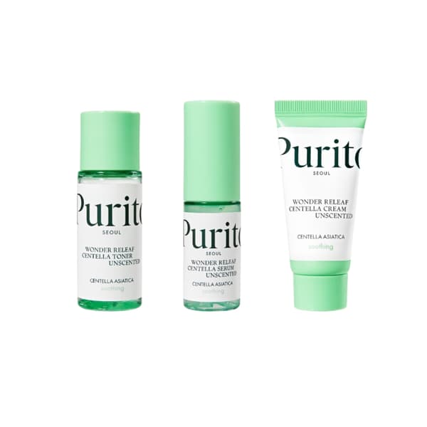 PURITO SEOUL Wonder Releaf Centella Mini Kit Unscented (väriaine 30 ml + seerumi 15 ml + voide 15 ml) - sarja minikosmetiikkaa centella asiaticalla
