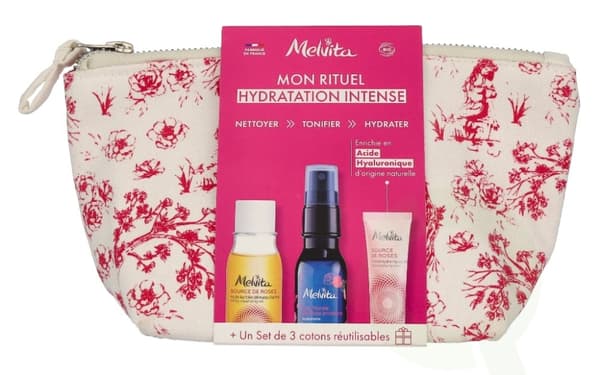 Melvita Essentials Set 90 ml Cleansing Oil 30ml/Hydra-Plumping Cream 10ml/Old Rose Floral Water 50ml/3x Reusable Cottons